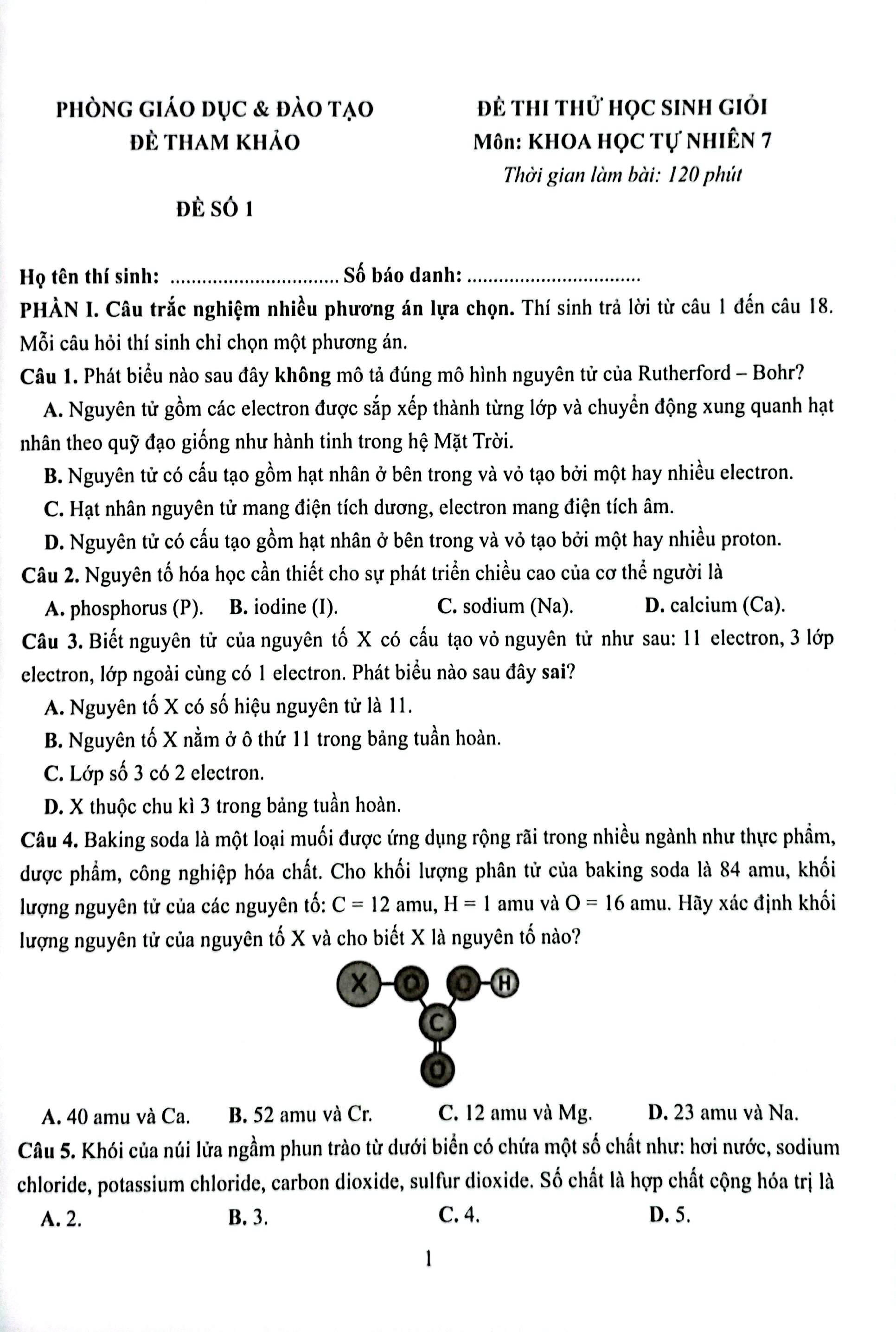 37 đề thi học sinh giỏi khoa học tự nhiên lớp 7 (biên soạn theo cấu trúc mới - dùng chung cho các bộ sgk hiện hành) - Ảnh 5