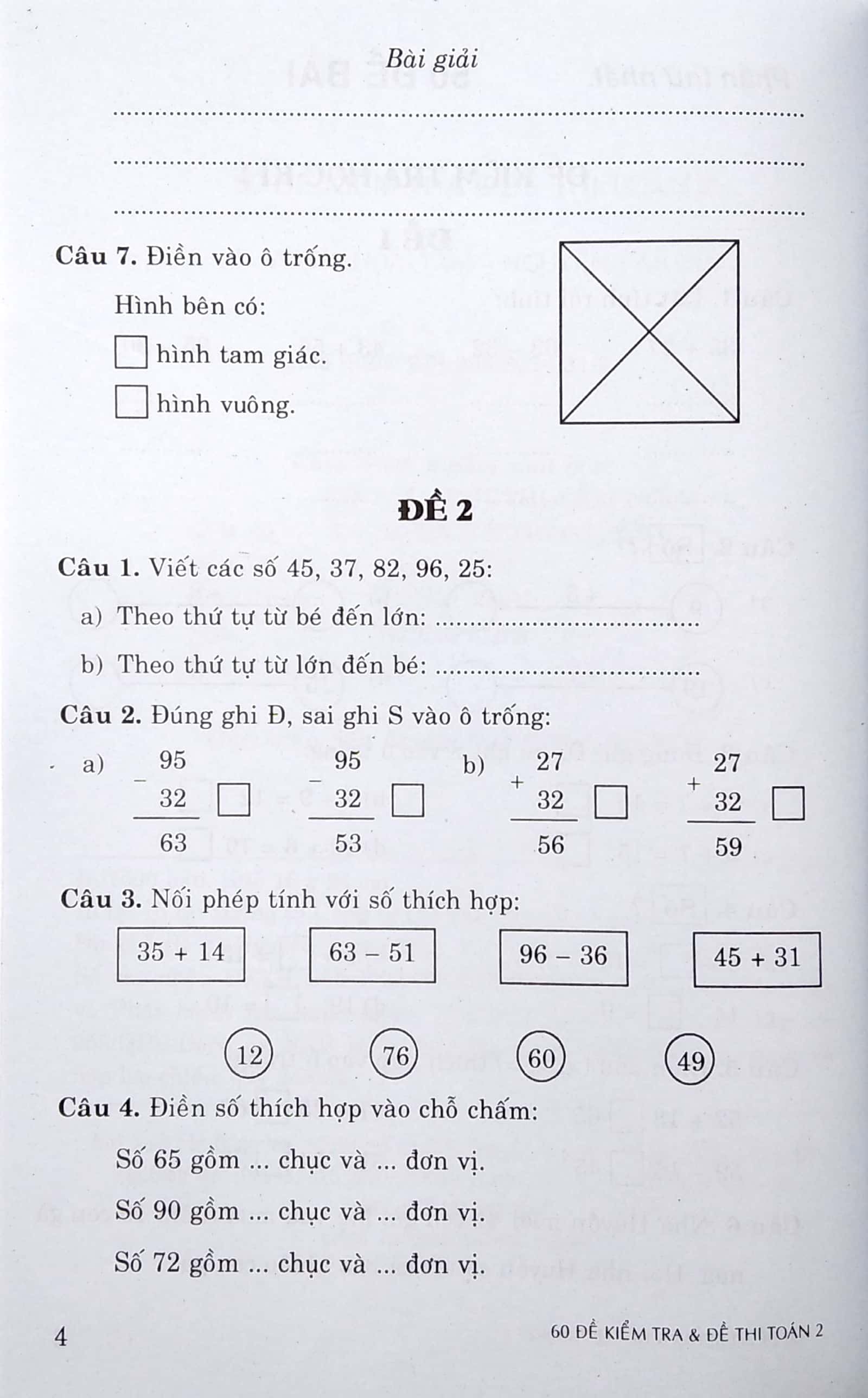 60 đề kiểm tra & đề thi toán 2 - Ảnh 3