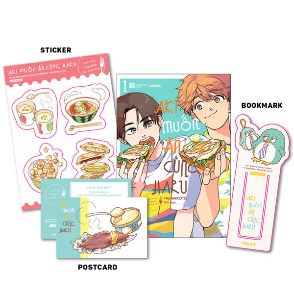 aki muốn ăn cùng haru - let's eat together, aki and haru - tập 1 - tặng kèm sticker + clear bookmark + postcard hai mặt