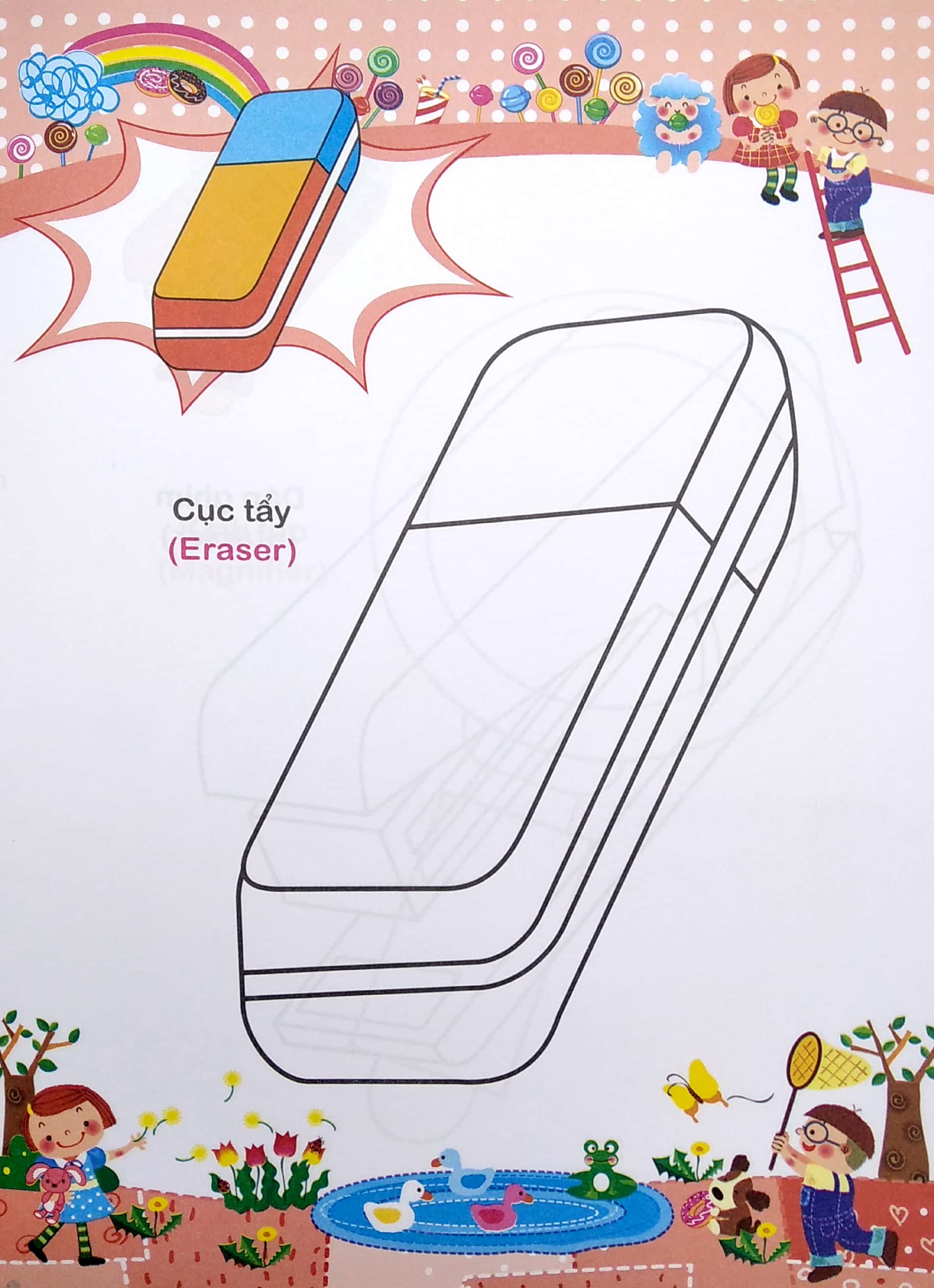 bé tập tô màu và học tiếng anh theo chủ đề - đồ dùng học tập - Ảnh 6