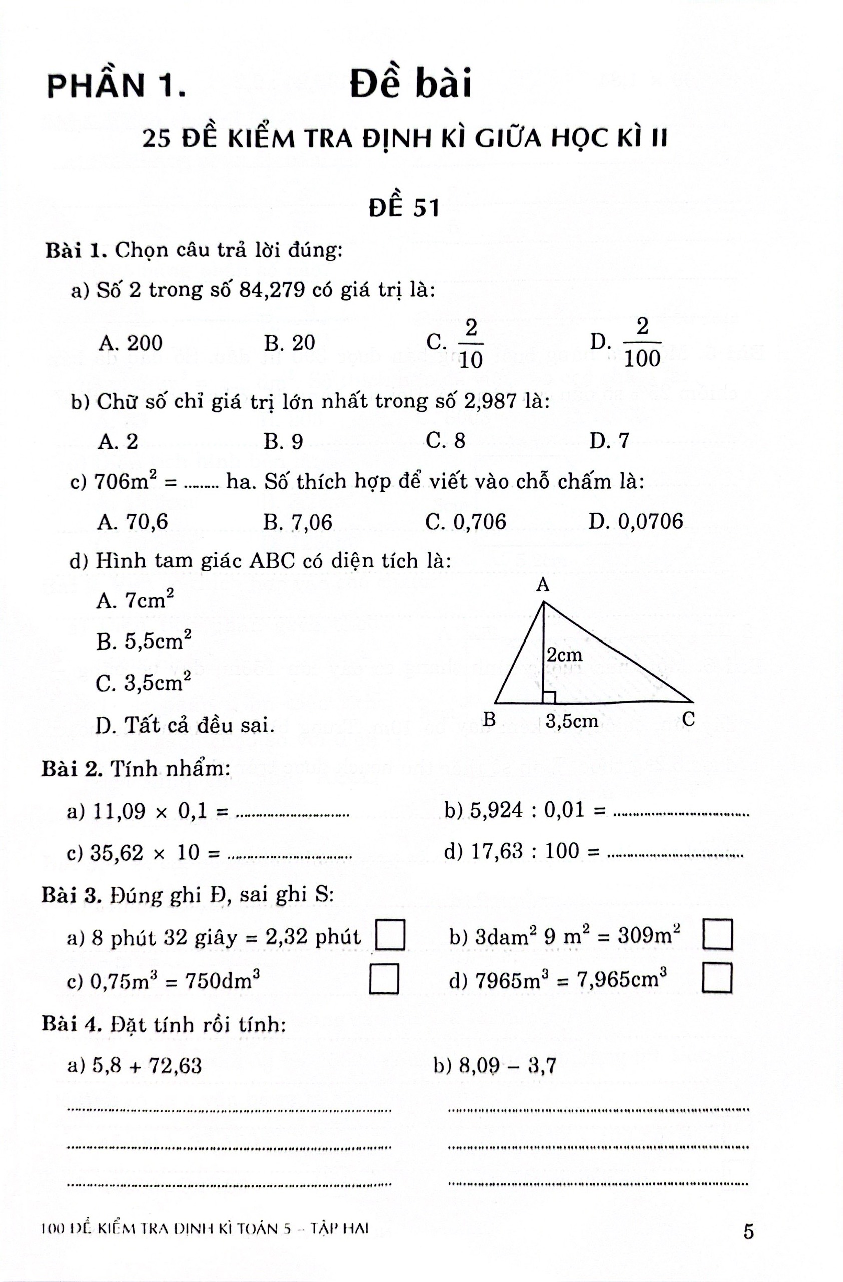 Bộ 100 Đề Kiểm Tra Định Kì Toán 5 - Tập 2 (Theo Chương Trình GDPT Mới) - Ảnh 5