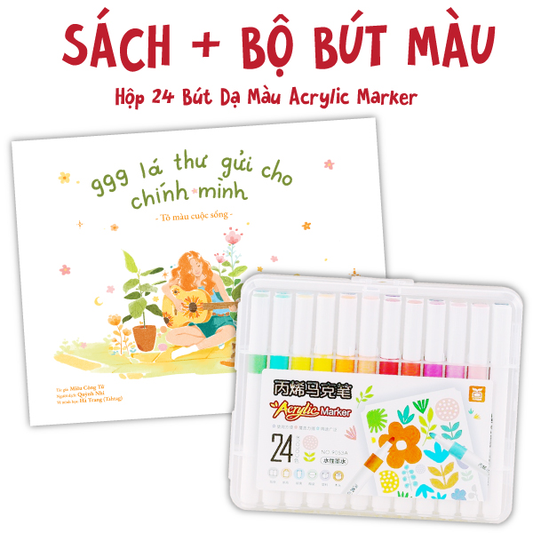 bộ combo sách 999 lá thư gửi cho chính mình - tô màu cuộc sống + hộp 24 bút dạ màu acrylic marker - 9053a