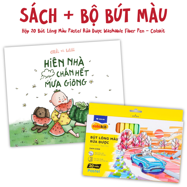 bộ combo sách hiên nhà chắn hết mưa giông + hộp 20 bút lông màu pastel rửa được washable fiber pen - colokit swm-c008