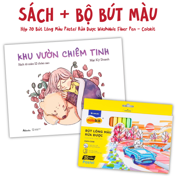 bộ combo sách khu vườn chiêm tinh - sách tô màu 12 chòm sao + hộp 20 bút lông màu pastel rửa được washable fiber pen - colokit swm-c008