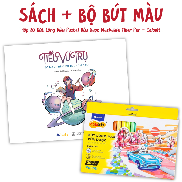 bộ combo sách tiểu vũ trụ - tô màu thế giới 12 chòm sao + hộp 20 bút lông màu pastel rửa được washable fiber pen - colokit swm-c008