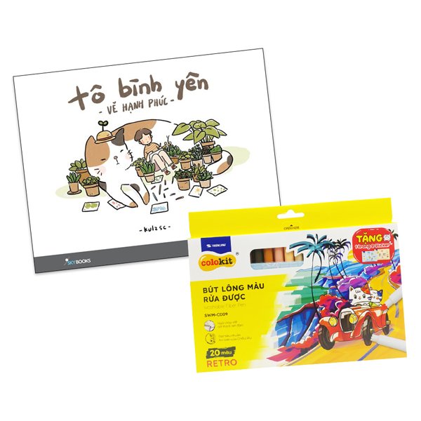 bộ combo sách tô bình yên vẽ hạnh phúc + hộp 20 bút lông màu rửa được washable fiber pen - colokit swm-c009 (bộ 2 cuốn)