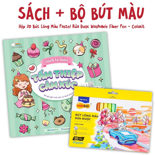 bộ combo sách tô màu - tấm thiệp cảm xúc + hộp 20 bút lông màu pastel rửa được washable fiber pen - colokit swm-c008