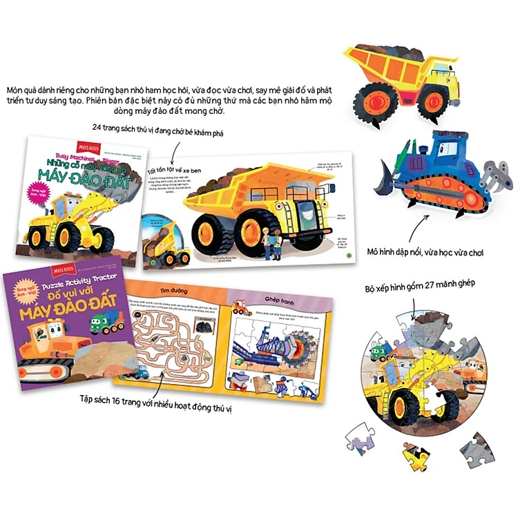 bộ sách busy machines + puzzle activity - digger: máy đào đất (song ngữ anh - việt) - kèm mô hình lắp ghép - Ảnh 8