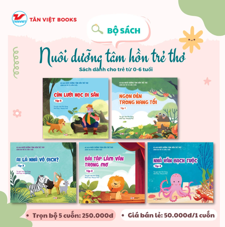 bộ sách nuôi dưỡng tâm hồn trẻ thơ dành cho trẻ từ 0 đến 3 tuổi: ngọn đèn trong hang tối + bài tập làm văn trong mơ + ai là nhà vô địch + nhà văn bạch tuộc + cún lười đi học săn (bộ 5 tập) - Ảnh 2