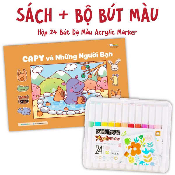 combo sách tô màu capy và những người bạn + hộp 24 bút dạ màu acrylic marker - 9053a