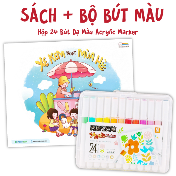 combo sách tô màu xe kem ngọt mùa hè + hộp 24 bút dạ màu acrylic marker - 9053a