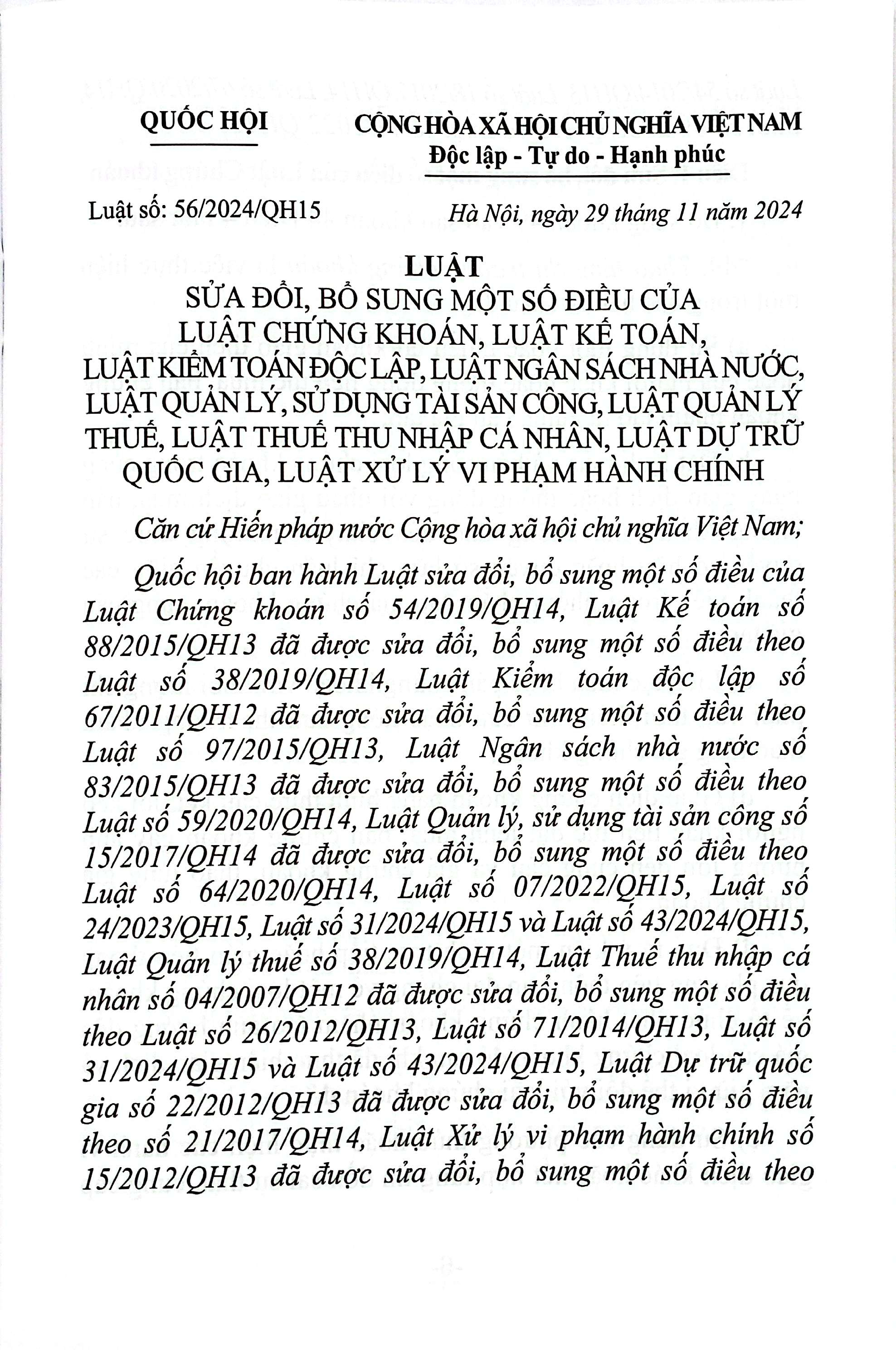 Luat Sua Doi, Bo Sung Mot So Dieu Cua Luat Chung Khoan, Luat Ke Toan, Luat Kiem Toan Doc Lap, Luat Ngan Sach Nha Nuoc, Luat Quan Ly, Su Dung Tai San Cong, Luat Quan Ly Thue, Luat Thue Thu Nhap Ca Nhan, Luat Du Tru Quoc Gia, Luat Xu Ly Vi Pham Hanh Chinh - Ảnh 5