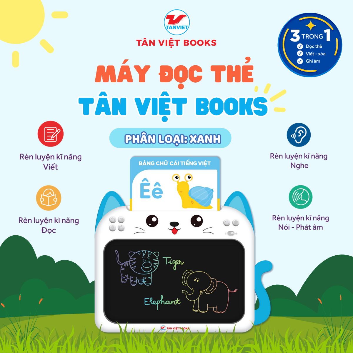 máy đọc thẻ tân việt book 3 trong 1 - song ngữ anh-việt - màu xanh - Ảnh 2