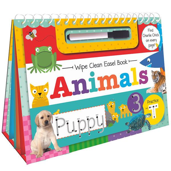 wipe clean easel book with pen - animals